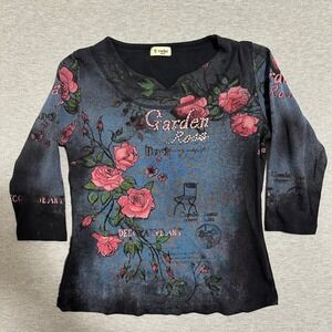 Cactus Garden Rose Graphic Tee Black Blue 3/4 Sleeve Y2K Grunge Womens Small